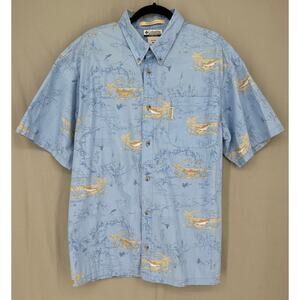 Columbia Shirt Mens XL Blue Fish Print Button Map Fisherman River Lodge Outdoors